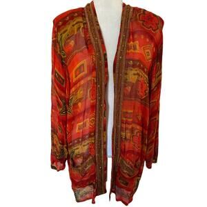 Tan-Chho Orange Red Yellow Duster Jacket Kimono Rayon Vintage Designer Size 1X